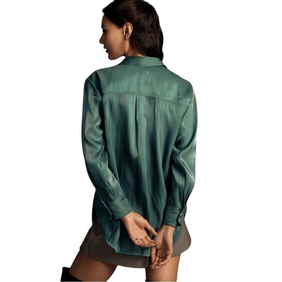 New! By Anthropologie Green Iridescent Button Down Top Sz XS - Picture 4 of 6